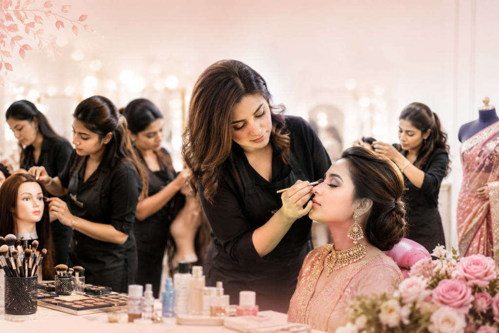 Professional beautician training session in makeup academy classroom Chennai