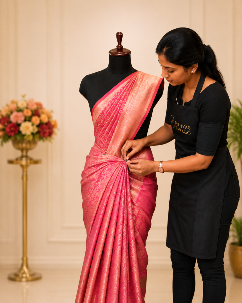 Professional saree draping training session showing traditional bridal saree styling techniques